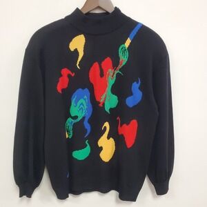 St John Womens Artsy Painting‎ Sweater Size L Black Mature Unique Art To Wear